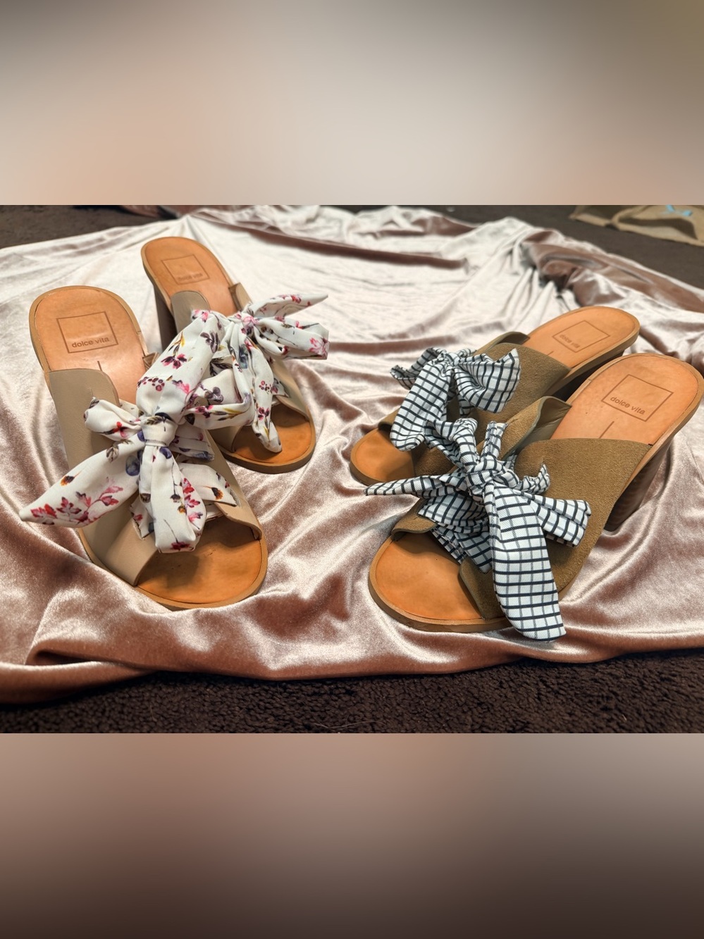 Two pairs Dolce Vita Slide Sandal/Mules with Bow Accent - Floral and Check EUC